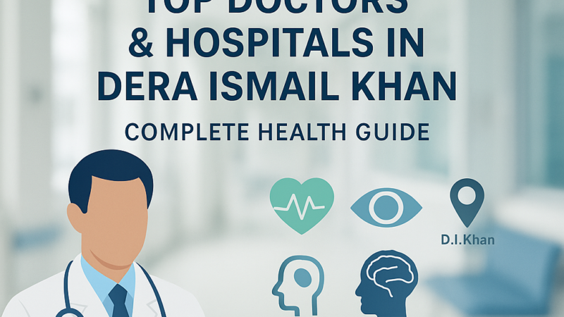 Promotional banner showing top doctors, hospitals, and health services in Dera Ismail Khan with icons for medical specialties like eye, ENT, skin, and stomach care